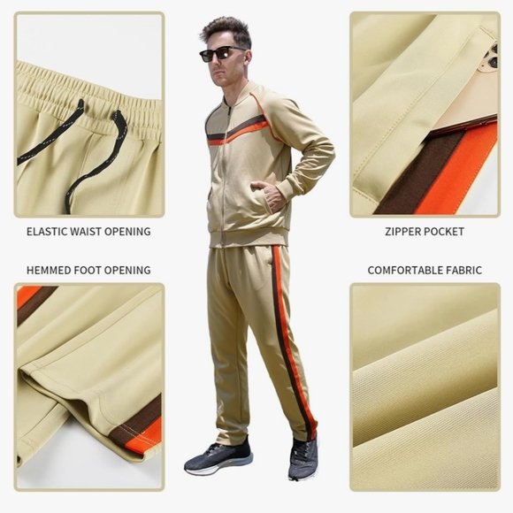 Jian Wang Tracksuit Long Sleeve Jogging Suit 2 Piece Size 2XL Tan - Picture 3 of 12